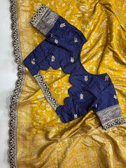 Yellow and Navy Blue Banarasi Pattu Saree