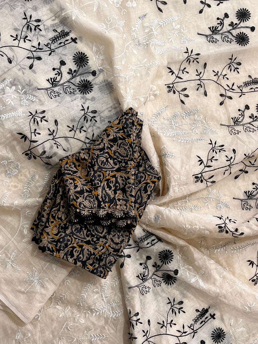 black and white flowers on pure Chanderi cotton